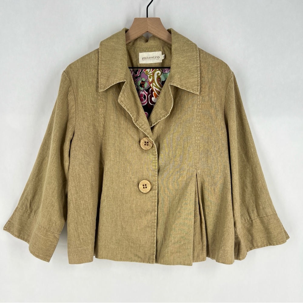Maestro Tan Linen Blend‎ Pleated Cropped Sleeve 2 Button Jacket Size XL